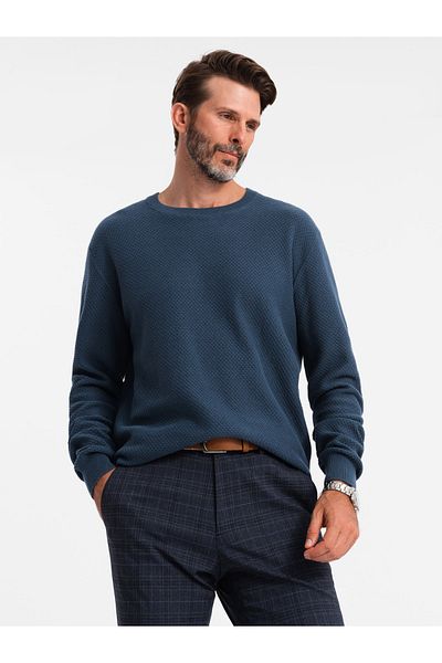 OMBRE Pánský pletený svetr RELAXED FIT s diamantovým úpletem - tmavě modrá V2 OM-SWSW-0110 S