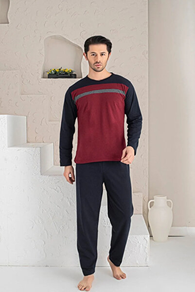 Moonzer Claret Red Piece Cotton Long Sleeve Men's Pajamas Set