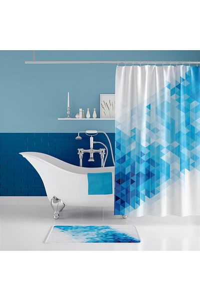Zethome 1x180x200 Covoraș de baie pătrat albastru și set de perdele de duș cu o singură aripă
