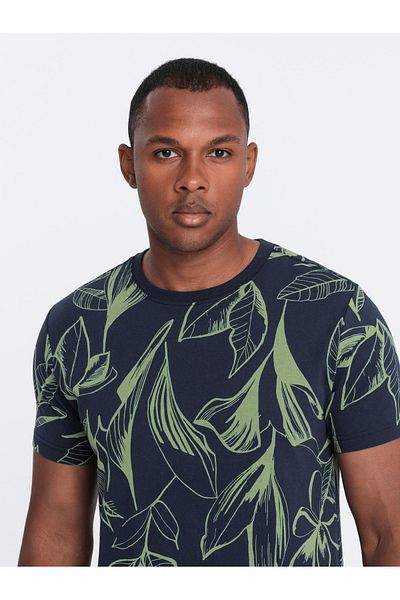 OMBRE Ανδρικό μπλουζάκι full-print σε φύλλα σε αντίθεση - navy blue V5 OM-TSFP-0180 S