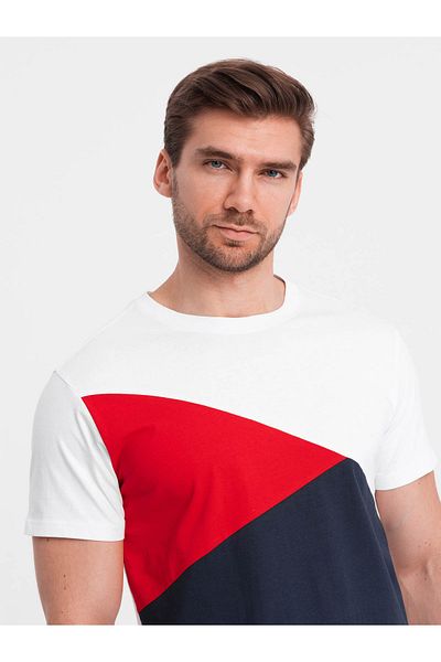 OMBRE Dreifarbiges Herren-T-Shirt aus Baumwolle - Weiß und Marineblau V3 OM-TSCT-0174 XXL