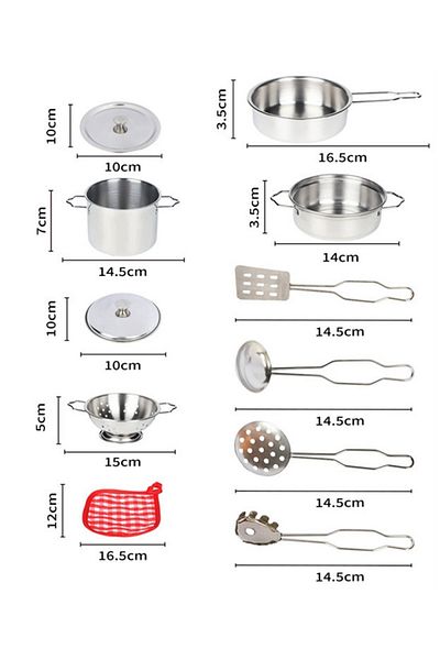 TUENGİ STORE Dollhouse Kitchen Play Set Realistic 11 Piece Toy Steel Cookware Pan Set