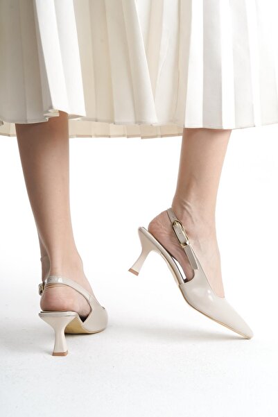 Bak Store Beige Patent Leather Gold Buckle Detailed Women's Heeled Shoes Stiletto
