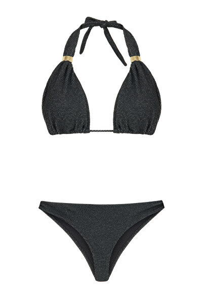 AQUELLA Gümüş Simli Dokulu Siyah Uzun Üçgen Bikini Takım