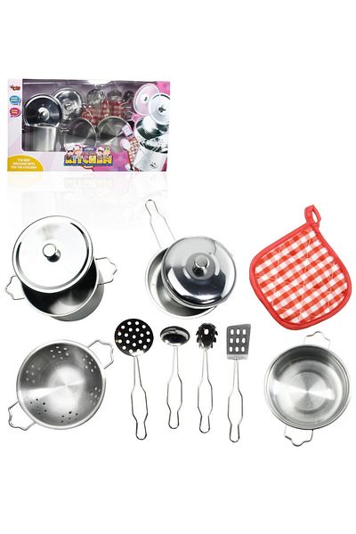 TUENGİ STORE Dollhouse Kitchen Play Set Realistic 11 Piece Toy Steel Cookware Pan Set