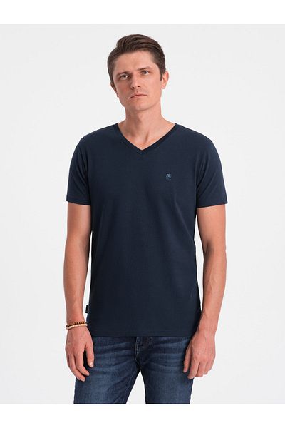 OMBRE Pánské tričko s výstřihem do V a elastanem - tmavě modrá V2 OM-TSCT-0106 XXL