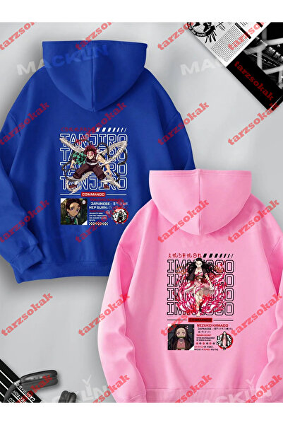 Tarzsokak Sevgili Çift Kombini Tanjiro ve Nezuko Anime Tasarım SIRT Baskılı Kapüşonlu Sweatshir
