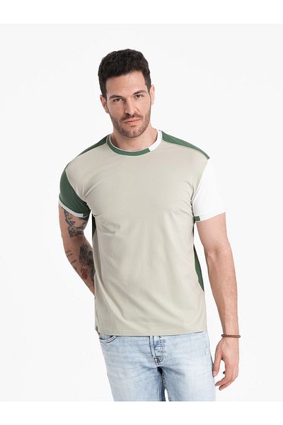 OMBRE Ανδρικό t-shirt με ελαστάνη με χρωματιστά μανίκια - πράσινο V5 OM-TSCT-0176 XXL