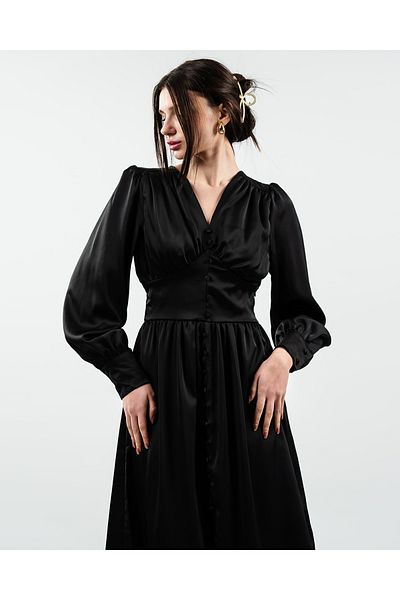 maf collection Γυναικείο Μαύρο Μπροστινό Σατέν Βραδινό Φόρεμα με λεπτομέρεια με κουμπιά