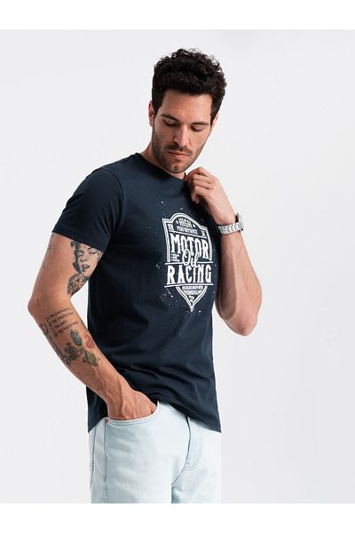 OMBRE Pánské tričko s potiskem v motorkářském stylu - tmavě modrá V4 OM-TSPT-0125 S