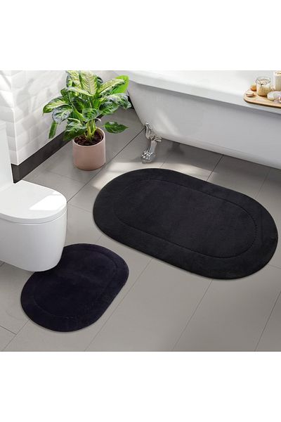 Dokumacıoğlu Rixos 2-Piece Black Bath Mat Set - Non-Slip Leather and Washable Toilet Bowl