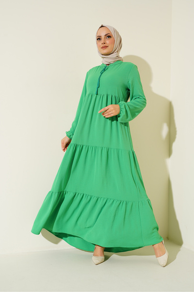 Bigdart 1627 Collar Lace-Up Hijab Dress - Dark Green