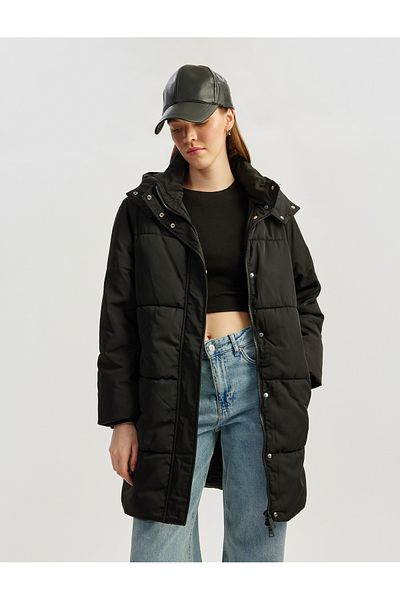 Koton Oversize Puffer Jacket with Hooded Snap Button and Zipper