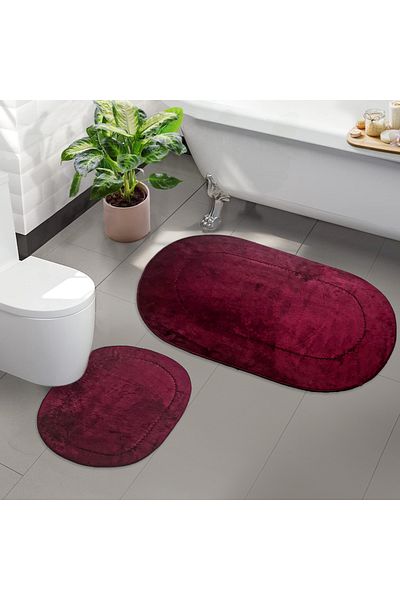 Dokumacıoğlu Rixos 2-Piece Plum Bath Mat Set, Carpet, Non-Slip Leather Based Washable Toilet Seat Set