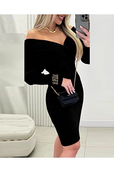 Meleners Women's Long Sleeve Off-The-Shoulder Double Breasted Neckline Short Knitwear Dress