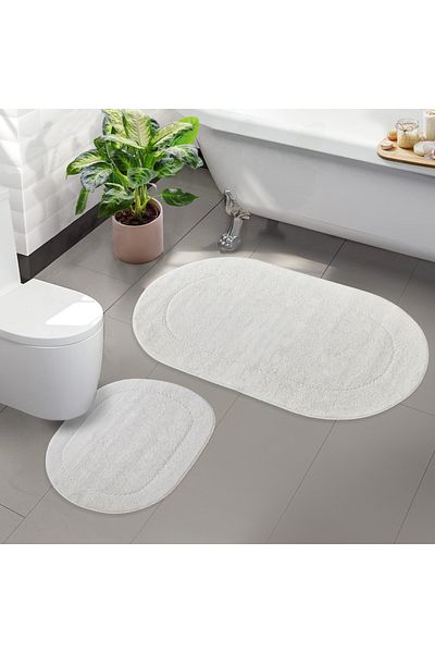 Dokumacıoğlu Rixos Cream Bath Mat Set - 2-Piece Washable Toilet Seat with Carpet and Non-Slip Leather Base