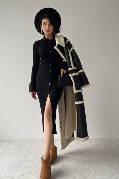 WOMAN VISION Kadın Siyah Triko Kumaş Gömlek Yaka Düğmeli Basic Midi Elbise 342