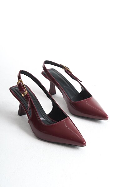 Bak Store Cherry Red Burgundy Patent Leather Gold Buckle Detailed Women's Heeled Shoes Stiletto