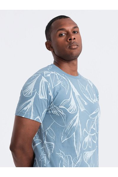 OMBRE Tricou pentru bărbați cu imprimeu integral cu frunze contrastante - albastru V2 OM-TSFP-0180 S