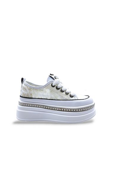 EGE GİYİM VE AYAKKABI 25Y423-3 WHITE Talpă înaltă, piatră și dantelă, pantofi sport albi eleganti pentru femei