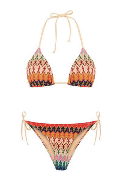 AQUELLA Triko Renkli Desenli Üçgen Bikini Takım