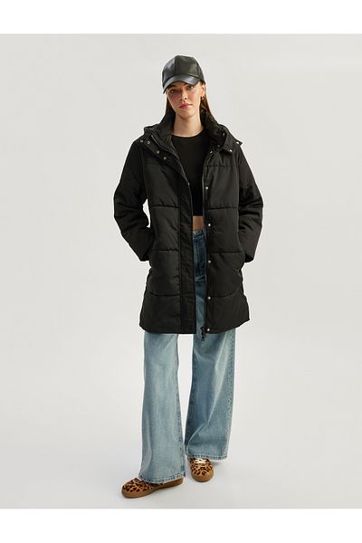 Koton Oversize Puffer Jacket with Hooded Snap Button and Zipper