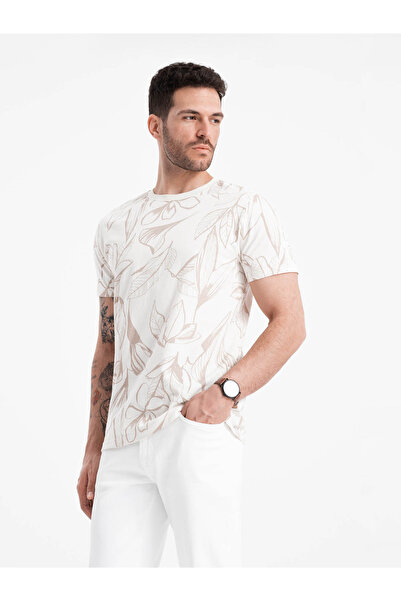 OMBRE Men's full-print t-shirt in contrasting leaves - light beige V1 OM-TSFP-0180 M