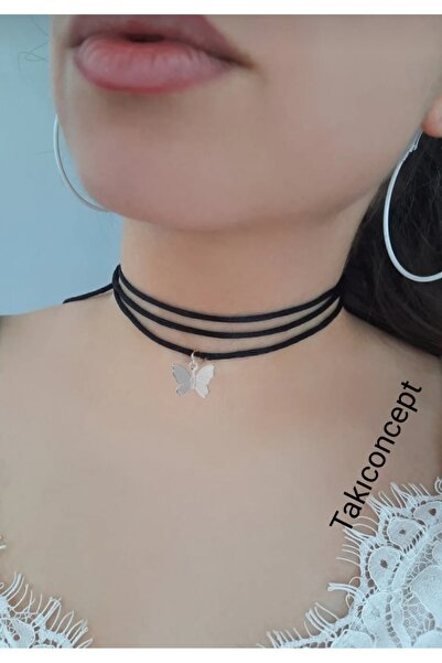 TakıConcept Kelebek Detaylı Siyah Choker Tasma Kolye