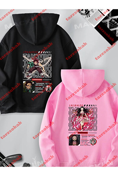 Tarzsokak Sevgili Çift Kombini Tanjiro ve Nezuko Anime Tasarım SIRT Baskılı Kapüşonlu Sweatshir