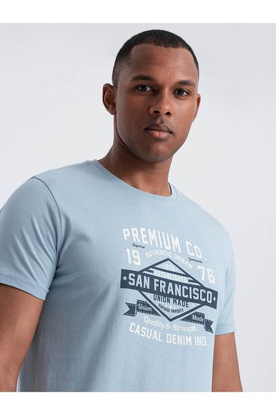 OMBRE Pánské bavlněné tričko San Francisco s potiskem - modré V1 OM-TSPT-0120 XL
