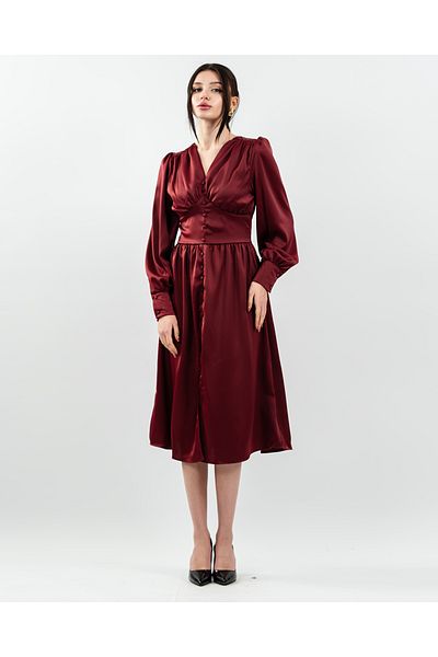 maf collection Women's Burgundy Front Gathered Button Detailed Satin Evening Dress