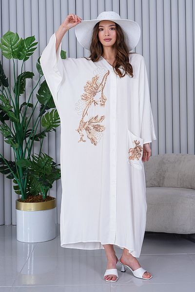 AYASOFYA OTANTIK Women's White Lurex Embroidery Detail Oversize Loose Shirt Dress
