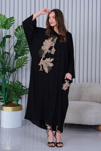AYASOFYA OTANTIK Women's Black Lurex Embroidery Detail Oversize Loose Shirt Dress