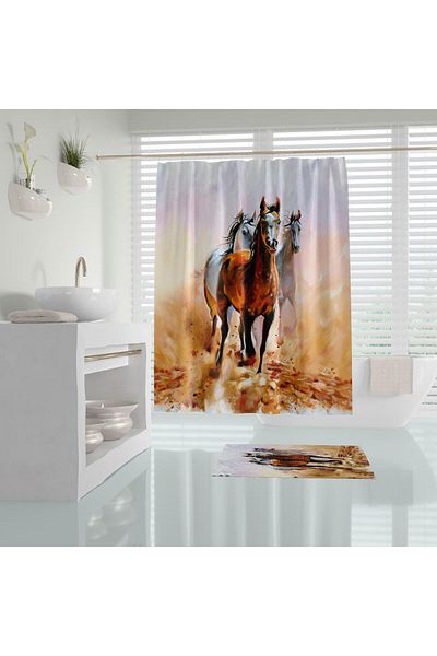 Zethome 1x180x200 Σετ Χαλάκι μπάνιου και Κουρτίνα ντους με μονό φτερό - Χαλί μπάνιου Horses