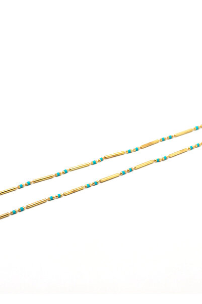 Own Jewelry Turkuaz Mineli Çubuk Zincir Kolye 14 Ayar Altın Kaplama 925 Ayar Gümüş