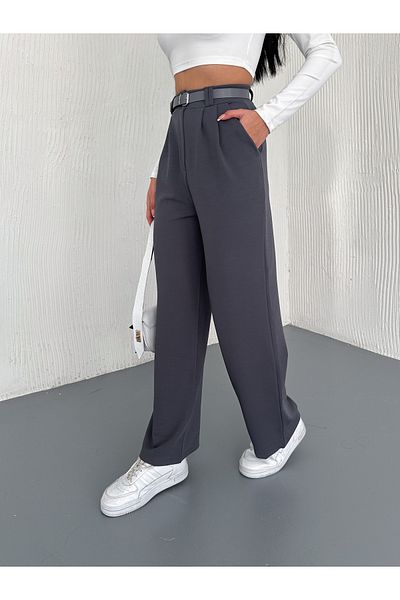 winmoda Belted and Front Pleated Trousers / Women's Twist Fabric Trousers Loose Cut