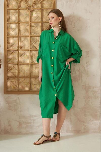Pasaklı Giyim Women's Bat Sleeve Suitable for Hijab Shirt Dress Linen Blended Tunic 3282420