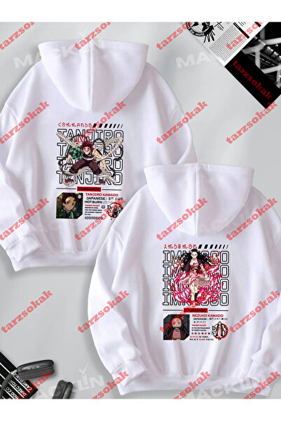 Tarzsokak Sevgili Çift Kombini Tanjiro ve Nezuko Anime Tasarım SIRT Baskılı Kapüşonlu Sweatshir