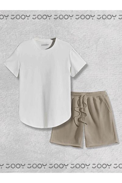 Jooy White Oval Cut Tshirt - Beige Combed Cotton Shorts Set of 2