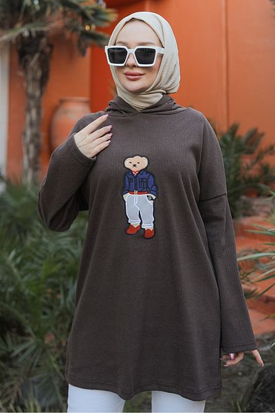 Bestenur Asiya Oversize Bear Κεντημένο Μπλουζάκι με κουκούλα 1335 - Καφέ