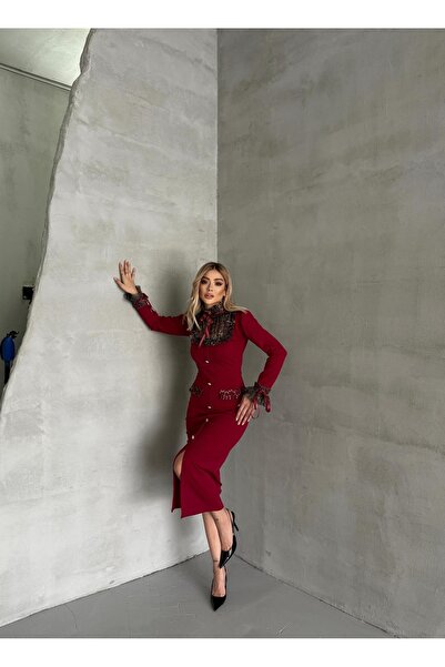 1Moda1Tarz Women's Imported Fabric Ribbon Detail Leopard Pattern Button Detail Lined Special Design Dress