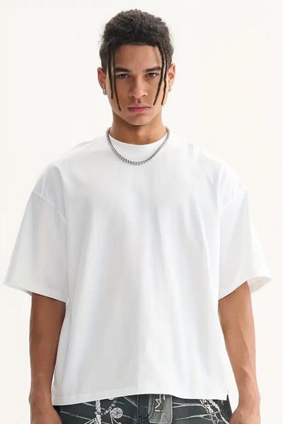 Tarz Cool Ανδρικό μπλουζάκι από 100% βαμβακερό λευκό Oversize Crew Neck