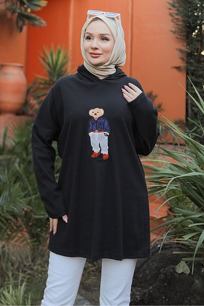 Bestenur Asiya Oversize Bear Embroidered Hooded Tunic 1335 - Black