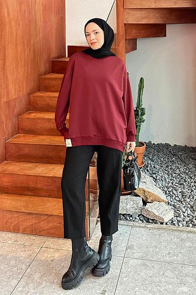 lamelif Claret Red Oversize Sweatshirt - Label Detailed