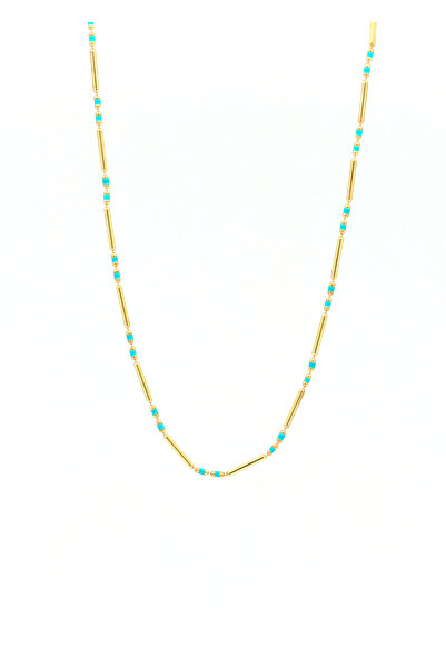 Own Jewelry Turkuaz Mineli Çubuk Zincir Kolye 14 Ayar Altın Kaplama 925 Ayar Gümüş