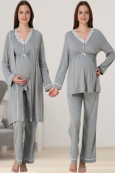 Pelin Women's Lace Detailed Piping Gray Melange Maternity Dressing Gown Pajamas Set