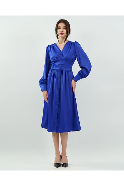 maf collection Γυναικείο Μπλε Μπροστινό Σατέν Βραδινό Φόρεμα με λεπτομέρεια με κουμπιά