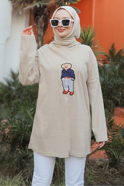 Bestenur Asiya Oversize Embroidered Bear Tunic 1335 - Stone Hooded