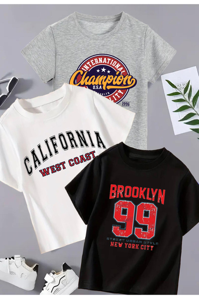 twins tailors تي شيرت للأطفال مطبوع عليه كاليفورنيا مكون من 3 قطع باللونين الأبيض والرمادي والأسود