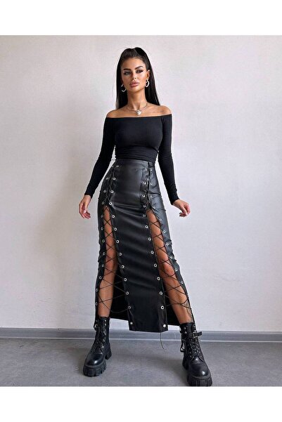 Miss Beyoğlu Siyah maxi boy iplik detaylı deri etek ve madona yaka body
